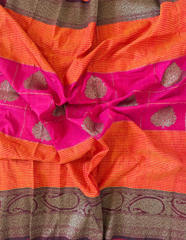 Dupion Pure Silk Saree | Orange | Pink & Maroon, Antique Zari, Handwoven in Banaras | Ships from California